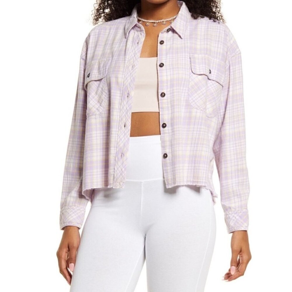 NWT BP by Nordstrom Plaid Long Sleeve Button Up Frayed Hem Cropped Shirt
